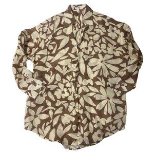 VITAMIN A Playa Linen Boyfriend Shirt Small Floral Brown/Cream Resortwear Beach